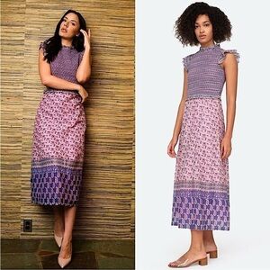 SEA NY Lilac Floral Paisley Stripe Smocked Ruffle Trim Flutter Sleeve Dress 2